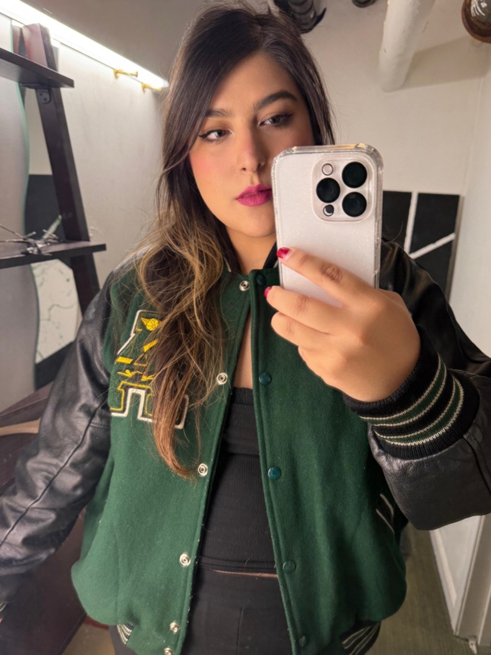 Vintage Green Varsity Jacket with Leather Sleeves